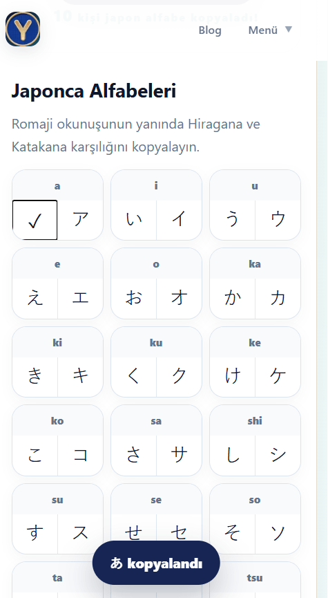 Japon Alfabesi Kopyalanışı Japon alfabesi kopyalama aracı