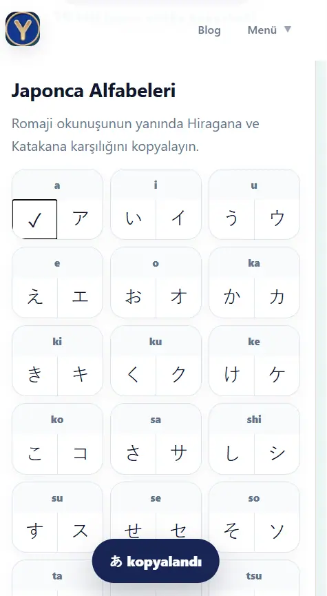 Japon alfabesi kopyalama aracı